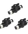 Three CEKER 1/4-inch push-connect pneumatic ball valves with quick-connect tube fittings; black bodies with metal ends.