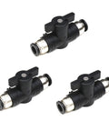 Three Pack Three Eighths Inch Push To Connect Pneumatic Valve Kit With Quick Connect Tube Fittings And Air Flow Control For Fast Easy Install Union Straight Fittings Heavy Duty Air Flow In Industrial Applications, three black valves