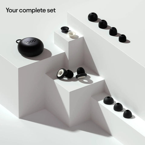 Experience Plus High Fidelity Earplugs For Musicians, DJs And Nightlife with silicone tips and accessories, black set displayed.