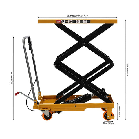 Side view of Heavy Duty 330Lbs Hydraulic Lift Table Cart With Four Locking Wheels For Material Handling And Transportation Durable Lifting Pallet Truck To Move Heavy Loads Safely And Smoothly, showing dimensions and hydraulic mechanism.