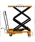 Heavy Duty Hydraulic Scissor Lift Table With Silent Electric Drive Built Like A Tank For Garage Crews Delivering 330 Lbs Of Easy Vertical Lift Up To 45 Inches High, showing side view with dimensions.
