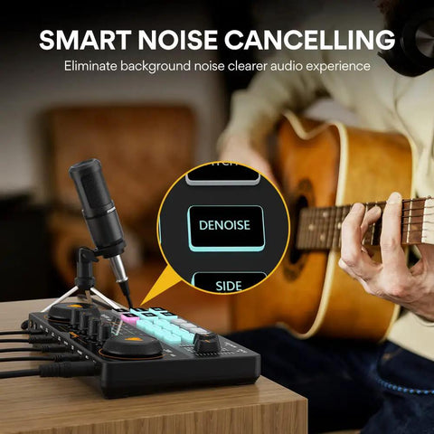 All In One Podcast Studio Bundle With Mixer And USB Audio Interface Plus Condenser Microphone for recording next to guitarist