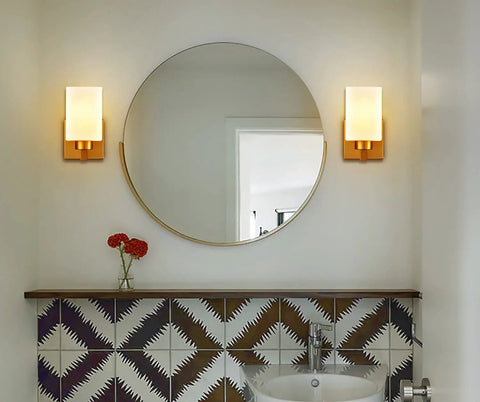 Two Pack Brass Wall Sconce Light Fixtures With Milky White Glass Shades For A Sleek Modern Bathroom Vanity, wall view