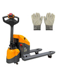 ApolloLift Electric Pallet Jack 3300 Lbs Capacity With Full Battery Charger and Easy Walkie Control alongside work gloves.