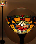 Orange Tiffany Style Floor Lamp With Stained Glass Shade, 12 Inch Wide torchiere, Antique Bronze Base corner uplight design