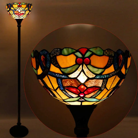 Orange Tiffany Style Floor Lamp With Stained Glass Shade, 12 Inch Wide torchiere, Antique Bronze Base corner uplight design