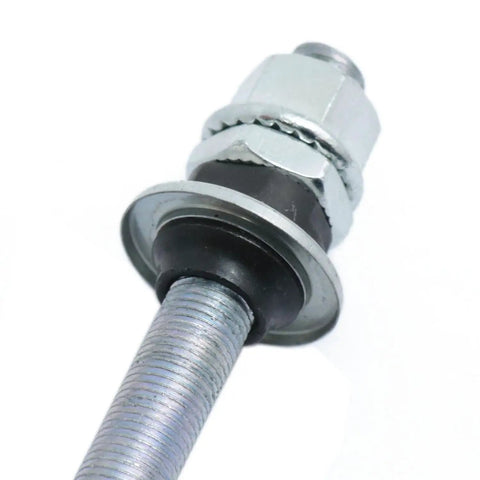 Close-up of Ride Ready Heavy Duty 180mm Bicycle Rear Hub Axle M10 Silver for Multi Speed Systems with 26TPI Conical Lock Nut.