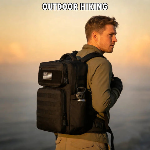 Man wearing rugged military tactical backpack for men with MOLLE webbing, water bottle holder, for hiking at sunset.