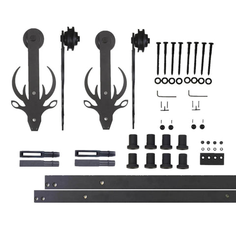 Rustic Black Non Bypass Sliding Barn Door Hardware Kit For Two Doors 9 Ft Flat Track With Durable Nylon Rollers displayed