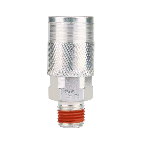 Close-up of metal 1/4-inch NPT quick-connect air coupler with knurled sleeve and red thread sealant.