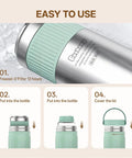 Instructions for Travel Ready Portable Breast Milk Cooler With 24 Hour Deep Freeze Tech in fresh green, showing usage steps.