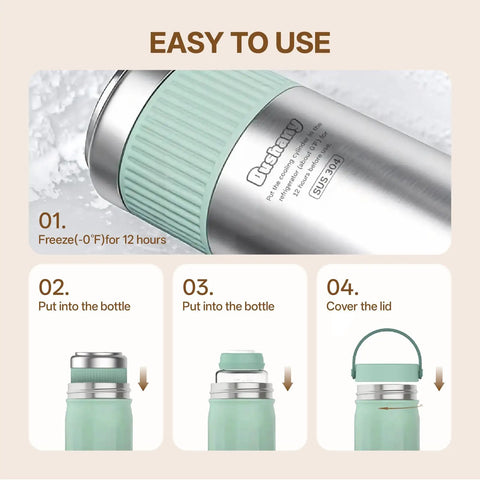 Instructions for Travel Ready Portable Breast Milk Cooler With 24 Hour Deep Freeze Tech in fresh green, showing usage steps.