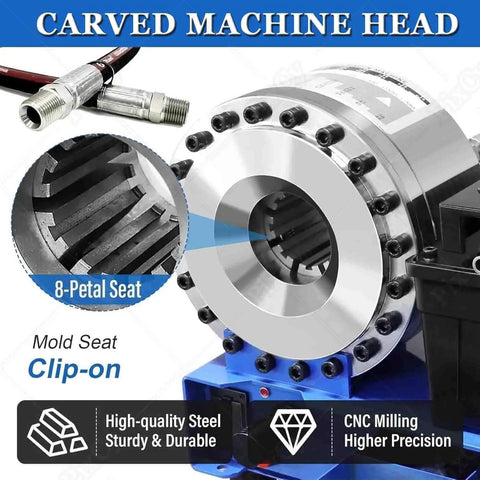 Heavy Duty Electric Hydraulic Hose Crimper With Eight Piece Full Die Set detailed view of CNC machined head and 8-petal mold seat.