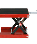 Motorcycle Lift 1100 Lb Capacity Wide Deck Center Scissor Lift Jack Hoist Stand For Street Bikes Cruisers Touring Motorcycles And ATVs With Heavy Duty Rubber Mat For Extra Stability In Garage Shop, side view