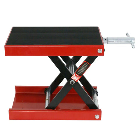 Motorcycle Lift 1100 Lb Capacity Wide Deck Center Scissor Lift Jack Hoist Stand For Street Bikes Cruisers Touring Motorcycles And ATVs With Heavy Duty Rubber Mat For Extra Stability In Garage Shop, side view