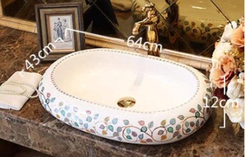 Damn Fine Hand Painted Oval Countertop Washbasin With A Truly Knockout Leaf Pattern Heavy Duty Ceramic Bathroom Sink on marble