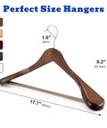 Beefy Extra Wide Solid Wood Hangers With Non Slip Bar And 360 Degree Swivel Hook For Suits, Jackets, And Pants, Heavy Duty Coat Hangers In Walnut Finish, Set Of 6 showing dimensions
