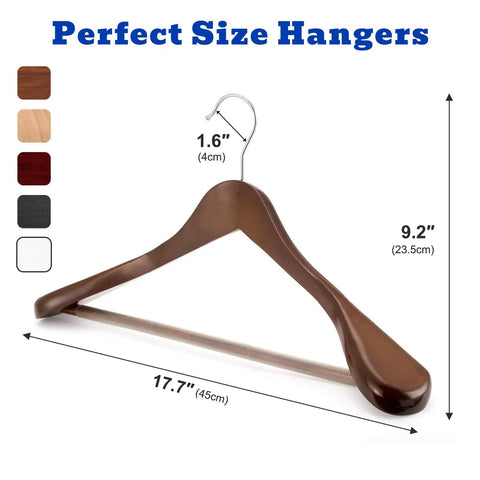 Beefy Extra Wide Solid Wood Hangers With Non Slip Bar And 360 Degree Swivel Hook For Suits, Jackets, And Pants, Heavy Duty Coat Hangers In Walnut Finish, Set Of 6 showing dimensions
