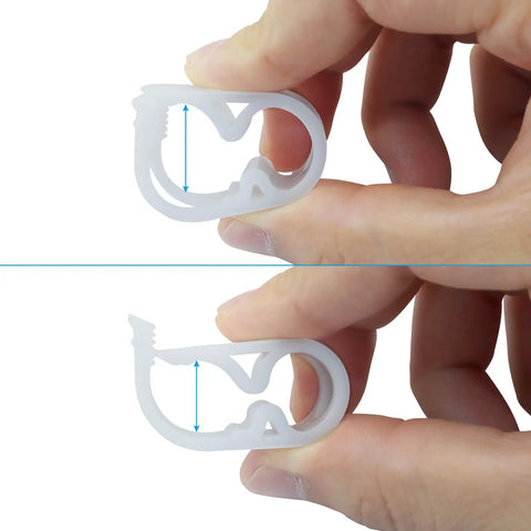 Adjustable Plastic Tube Clamps 1/4 To 1/2 Inch No Fuss Quick Install Flow Control Hose Clamp shown held by hand, pack of 5, white.