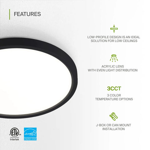 Nine Inch Round Flush Mount LED Light 18W 1460 Lumens Tri Color 3000K 4000K 5000K Dimmable with white acrylic lens