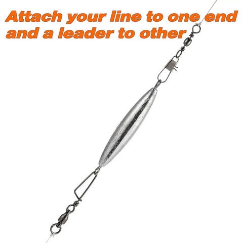 Inline Trolling Sinker Torpedo Weights, 5 Pack, 3 Oz Lead Sinkers with double ring, shown with attachment instructions