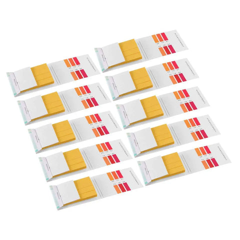 Pro Grade pH Test Strips Kit 6.9 to 8.4 Indicator Paper 10 pieces with color chart, showing alkaline and acid readings, 50mm by 9mm size.