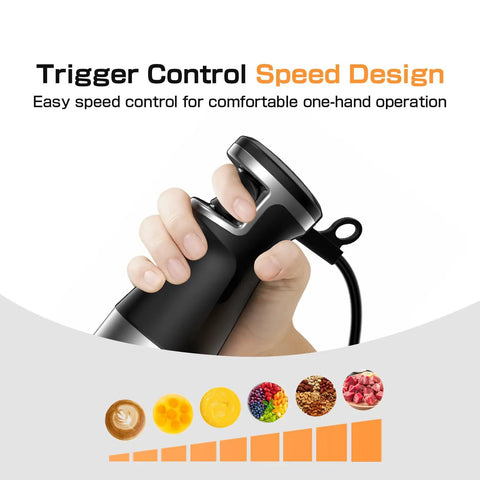 Close-up of hand holding Killer 1100W Immersion Handheld Blender 3 In 1 Set With Trigger Speed Control with speed design graphics.