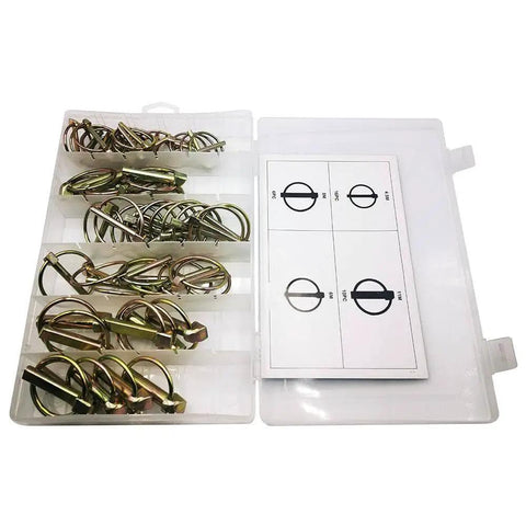 50 Piece Lynch Locking Pin Set M4.5 M6 M8 M11 Heavy Duty Spring Steel Annular Ring Clips organized in a plastic box