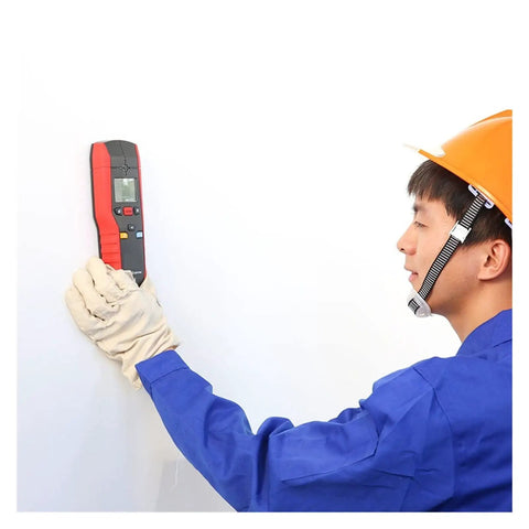 Top Shelf Handheld Wall Scanner And Stud Finder delivers accurate scanning of drywall by a user in gloves and helmet.