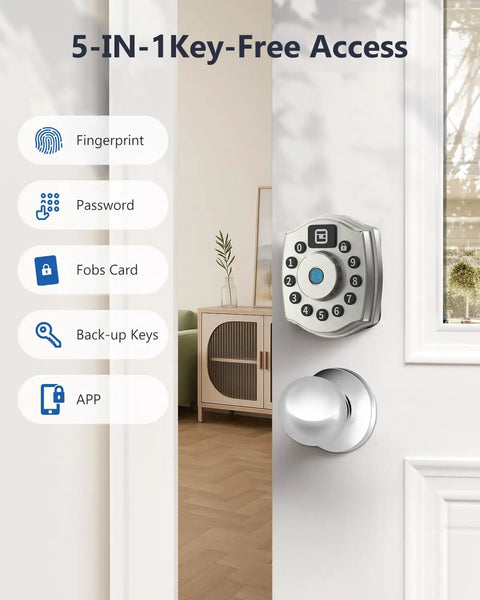 No Sweat Keyless Entry Smart Deadbolt With Fingerprint Scanning App Control displays keypad and entry options on a modern door.