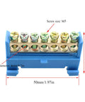 Seven Position Terminal Block Bus Bar With Brass Screw Terminals For DIN Rail Grounding Strip Easy Snap In Mount Fifty Millimeter Long Six Millimeter Holes M5 Screws Copper Bar Height Nine Millimeter Bottom Mount Cold Pressed Copper