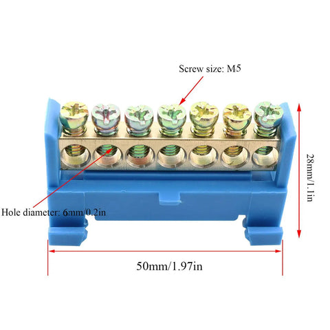 Seven Position Terminal Block Bus Bar With Brass Screw Terminals For DIN Rail Grounding Strip Easy Snap In Mount Fifty Millimeter Long Six Millimeter Holes M5 Screws Copper Bar Height Nine Millimeter Bottom Mount Cold Pressed Copper