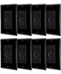 Heavy Duty Black GFCI Outlet With USB C And USB A Ports 8 Pack displayed front view with matching wall plates.