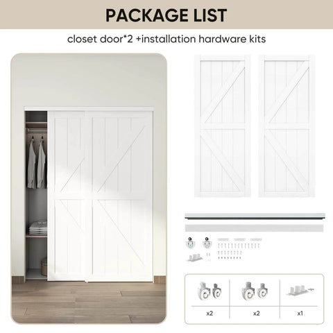 Double 72 Inch By 80 Inch K Style Sliding Closet Door With Hardware Kit And Matching Fascia Preassembled Solid Wood Slab With Waterproof PVC Surface Easy Install White Finish For Modern Closets shown installed with package contents.