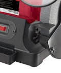 Close-up view of Powerful Eight Inch Bench Grinder Boots Kickin with three quarter horsepower motor and power switch.
