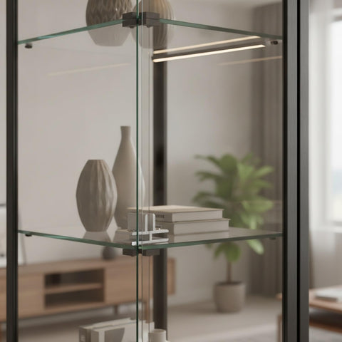 Heavy Duty Aluminum Glass Partition Clip Connector For Shelves And Cabinets in use on glass shelves with decor items.