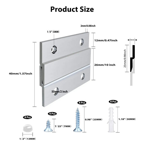 Diagram showing dimensions of 2 Inch Aluminum Cleat Hanger Set With Interlocking Z Brackets, Heavy Duty Wall Mounting Hardware Kit.