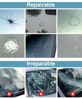 Examples of repairable and irreparable windshield damage for Windshield Repair Kit With High Penetration Resin And Pressure Syringes, DIY Auto Glass Chip And Crack Repair Tool Set, 2 Pieces Resin For Fixing Windshield Chips Scratches And Small Cracks.