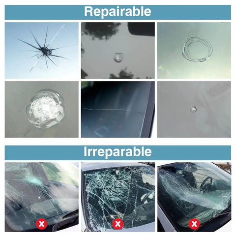 Examples of repairable and irreparable windshield damage for Windshield Repair Kit With High Penetration Resin And Pressure Syringes, DIY Auto Glass Chip And Crack Repair Tool Set, 2 Pieces Resin For Fixing Windshield Chips Scratches And Small Cracks.