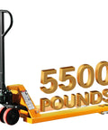 Heavy Duty Manual Pallet Jack Truck With 5500 Lbs Capacity And Dual Polyurethane Wheels showing capacity in use, ideal for warehouses.