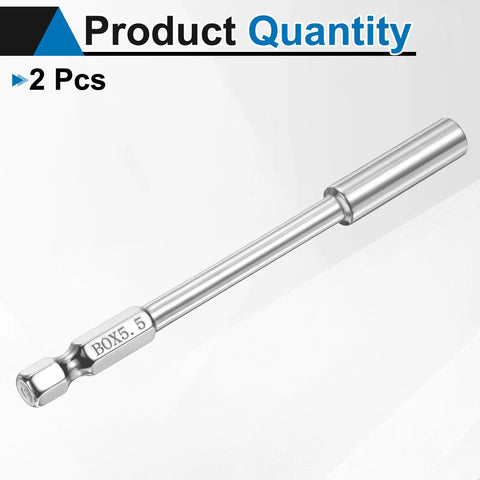 Five Point Five Millimeter Nut Driver Drill Bit Set With Six Point Sockets And Quick Change One Quarter Inch Hex Shank About Four Inches Long Built Tough CR V Steel Bolt Setters For Power Drill And Driver, 2 pieces shown.