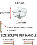 White Flower Petal Cabinet Knob Set Sleek Zinc Alloy Pull Handles With Rhinestone Centers, 4 Pieces, Silver Finish, sizes shown