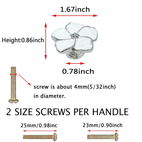 White Flower Petal Cabinet Knob Set Sleek Zinc Alloy Pull Handles With Rhinestone Centers, 4 Pieces, Silver Finish, sizes shown