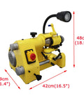 Pro Grade Heavy Duty Universal Cutter Grinder Sharpener Multi Function Bench Machine For Drill And Lathe Tools Comes With Full Collet Kit 110V, yellow bench tool with dimensions 42cm x 29cm x 48cm.