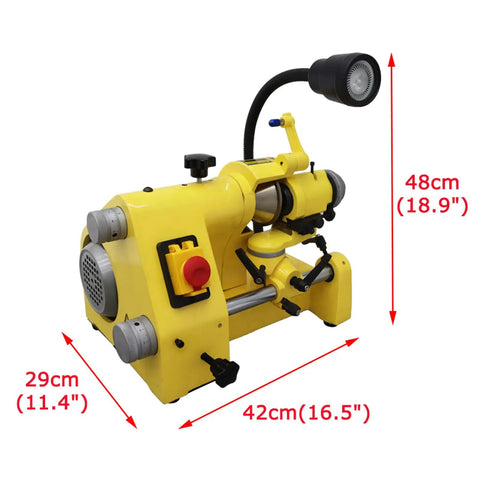 Pro Grade Heavy Duty Universal Cutter Grinder Sharpener Multi Function Bench Machine For Drill And Lathe Tools Comes With Full Collet Kit 110V, yellow bench tool with dimensions 42cm x 29cm x 48cm.