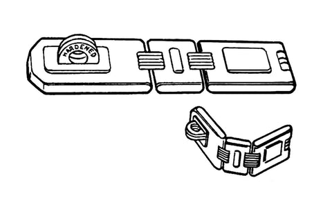 Illustration of Extra Heavy Duty Concealed Safety Hasp With Flexible Link And Hardened Staple, Six And One Quarter Inch Single Flexible Hasp, Zinc Plated.