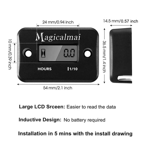 Inductive Hour Meter For Gas Engines And Generators, Waterproof Black Gauge with Dimensions and Install Guide
