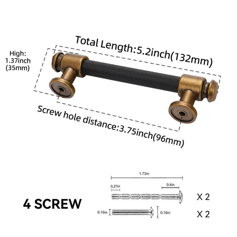 10 Pack Black And Antique Brass Knurled Cabinet Pulls For Kitchen Cabinets Center To Center 96mm with screws and measurements