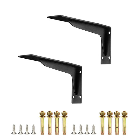 Heavy Duty Metal Shelf Brackets For Wall Mount Storage Straight Up Zero Fuss Setup, black powder-coated metal, includes mounting hardware.