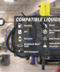 Slick Telescopic 12V Electric Drum Pump With Inline Flow Meter And Six Point Six Foot Hose For No Sweat Fluid Transfer At Four Point Two Gpm Rate Big Time Shop Gear compatible liquids chart showing gasoline, diesel, DEF, and more.